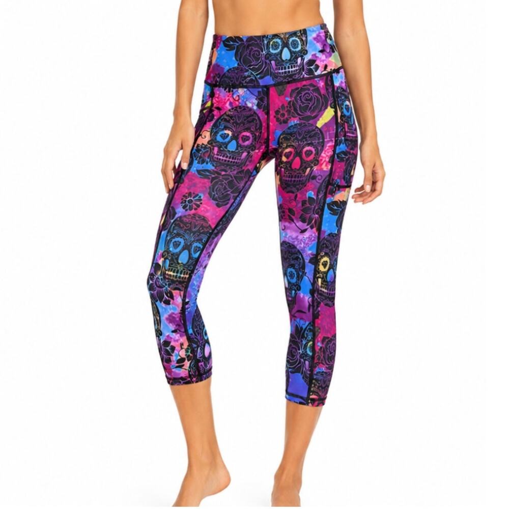 CVG Sugar Skull Cropped Leggings XS Floral Dia de los Muertos Side Pocket NWOT